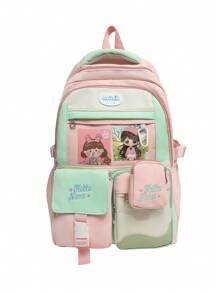 1 新款尼龙材质可爱卡通图案字母刺绣撞色大容量背包，小钱包挂件，多个口袋，可单肩背，时尚有型，日常上学户外旅行百搭款