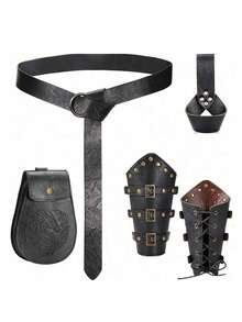 5pcs/Set Retro Renaissance Medieval Knight Viking Costume Set, Including PU Leather Arm Cuffs, Belt, Sword Sheath & Waist Bag, Suitable For Festivals, LARP, Stage Performance, All Year Round Fall, Autumn, Halloween Autumn-Winter Accessories,Suitable For Teens, Youth,Men,Casual, Outdoor, Athletic, Vacation, Graduation Gifts, Birthday, Daily Wear Halloween, Casual, Business, Street, Boho, Western, Outdoor, Gift For Men, Husband, Boyfriend, Father, Dad, Christmas