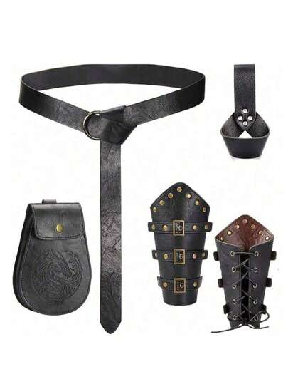 5pcs/Set Retro Renaissance Medieval Knight Viking Costume Set, Including PU Leather Arm Cuffs, Belt, Sword Sheath & Waist Bag, Suitable For Festivals, LARP, Stage Performance, All Year Round Fall, Autumn, Halloween Autumn-Winter Accessories,Suitable For Teens, Youth,Men,Casual, Outdoor, Athletic, Vacation, Graduation Gifts, Birthday, Daily Wear Halloween, Casual, Business, Street, Boho, Western, Outdoor, Gift For Men, Husband, Boyfriend, Father, Dad, Christmas