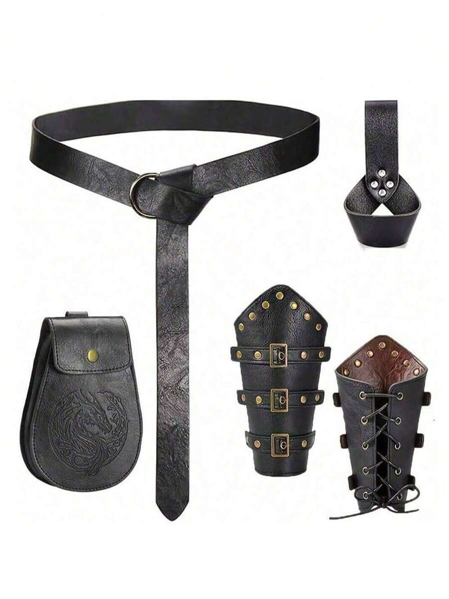 5pcs/Set Retro Renaissance Medieval Knight Viking Costume Set, Including PU Leather Arm Cuffs, Belt, Sword Sheath & Waist Bag, Suitable For Festivals, LARP, Stage Performance, All Year Round Fall, Autumn, Halloween Autumn-Winter Accessories,Suitable For Teens, Youth,Men,Casual, Outdoor, Athletic, Vacation, Graduation Gifts, Birthday, Daily Wear Halloween, Casual, Business, Street, Boho, Western, Outdoor, Gift For Men, Husband, Boyfriend, Father, Dad, Christmas