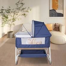 2-In-1 Foldable Wheeled Bassinet, Baby Bassinet, Baby Sleeper, Baby Changing Table, Height-Adjustable Multifunctional Bed, Changing Table, Storage Space Underneath, With Mosquito Net, Height-Adjustable, For 0-3 Years, Multiple Colors Available - Navy Blue - View 1