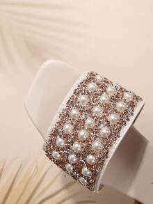 Wide Fit Women Flat Pearl & Rhinestone Decor Square Toe Slip On Slippers, Suitable For Summer - Beige - View 10