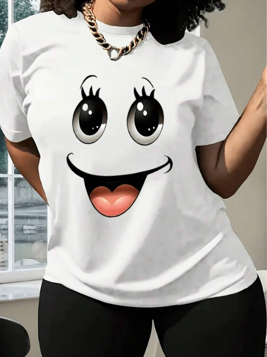 Women's Cute Joyful Face T-Shirt - Minimalist Everyday Top With Expressive Eyes & Mouth, Lightweight Everyday Tee For Women (Sizes S-XXL) - Perfect For Casual Outfits & Casual Attire, Ladies T Shirts, Relaxed Style, Playful Design, Breathable Fabric, Round Neck Shirt, Women, Summer Clothing, Comfortable Shirt, Short Sleeve Shirt, Summer Wardrobe - White - View 1