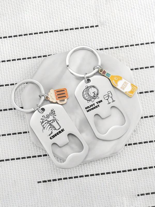 2pcs Stainless Steel Laser Engraved Beer Bottle Opener With Wine Glass & Bottle Pendant Charms, Perfect Gift For Birthday, Christmas, Father's Day, Beer Festival Bag Charms Car Teacher Friend Sister Gift Ideas