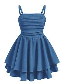 EXARUS Girls Flowy Ruffled Hem/Puff Bubble Dress Teen Ruched Summer Adjustable Spaghetti Strap Casual Cami Mini Dresses - Màu xanh hải quân - Xem 1