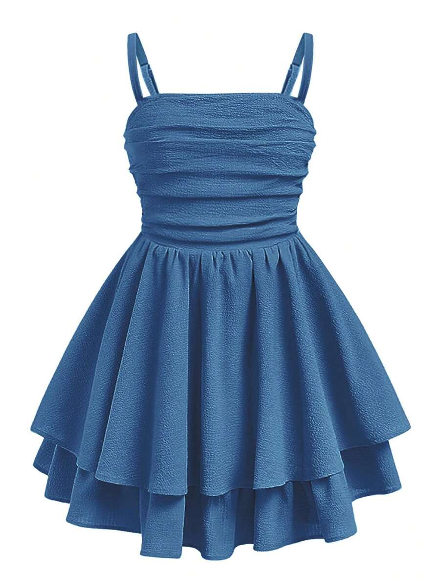 EXARUS Girls Flowy Ruffled Hem/Puff Bubble Dress Teen Ruched Summer Adjustable Spaghetti Strap Casual Cami Mini Dresses - Màu xanh hải quân - Xem 1