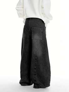 1pc Men's Casual Patchwork Loose Distressed Flare Jeans, Japanese Street Style Baggy Jeans, Grunge Look - Black - View 5