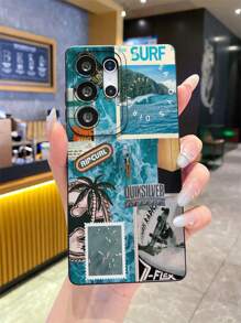 1 件时尚创意波浪和棕榈树插图，游泳字母彩色印花，黑色哑光纹理 TPU 材质防震手机壳，适合作为送给男朋友/女朋友的礼物，兼容三星、OPPO、Vivo 和其他 Android 手机 - 彩色 - 查看 3