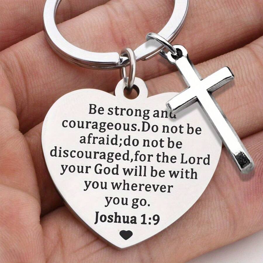 1 件 MOLANXUAN 不锈钢十字架钥匙扣，带有励志圣经诗句 - 简约风格宗教钥匙扣，坚强勇敢的魅力，圣诞节汽车配件基督教礼物，可爱哥特 Y2k - C - 查看 1