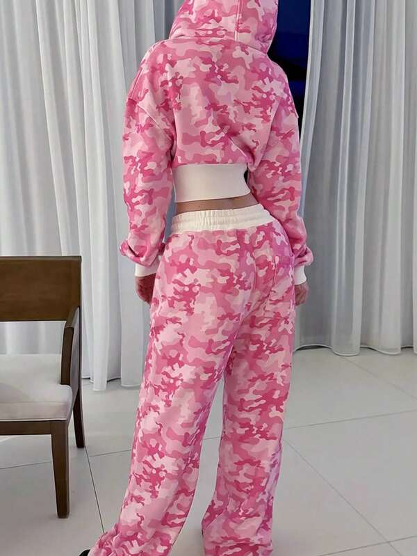 LovelyWholesale Felpa con cappuccio casual da donna, con zip e coulisse, maniche lunghe, aderente, adatta per yoga e uso quotidiano. Pantaloni dritti con coulisse, stampa mimetica a stelle, per abbigliamento autunnale da donna.