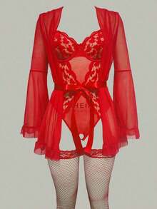 5pcs Set: Sexy Slit Bodysuit + Robe + Belt + 1 Pair Stockings For Going Out - Red - View 6
