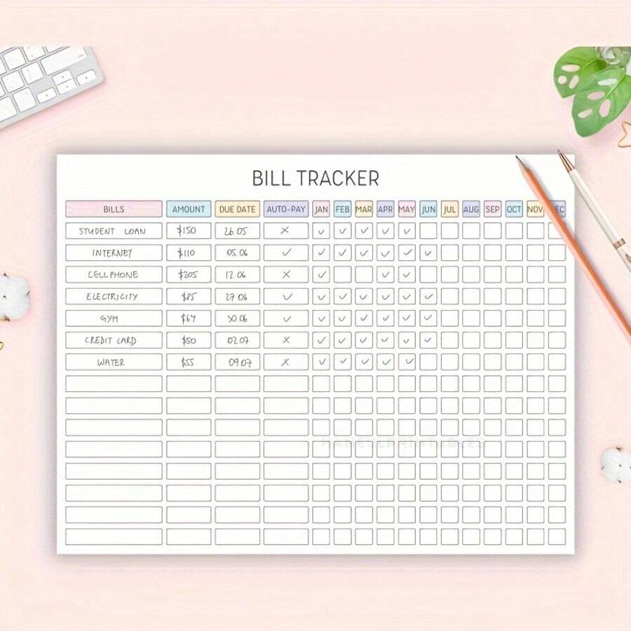 1pc Laminated Annual Bill Payment Tracker, Bill Payment Checklist, Bill Payment Log, Expense Tracker, Bill Planner, Reusable, Laminated, High Quality Craftsmanship - White - View 1