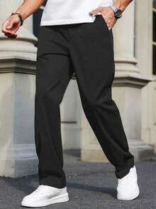 1 件青少年男童休闲宽松户外运动健身纯色直筒长裤，春/秋/冬 - 黑色 - 查看 2