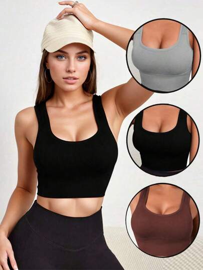 Set de 3 sujetadores deportivos de color sólido con cuello redondo, sin espalda y sin mangas para yoga y actividades al aire libre