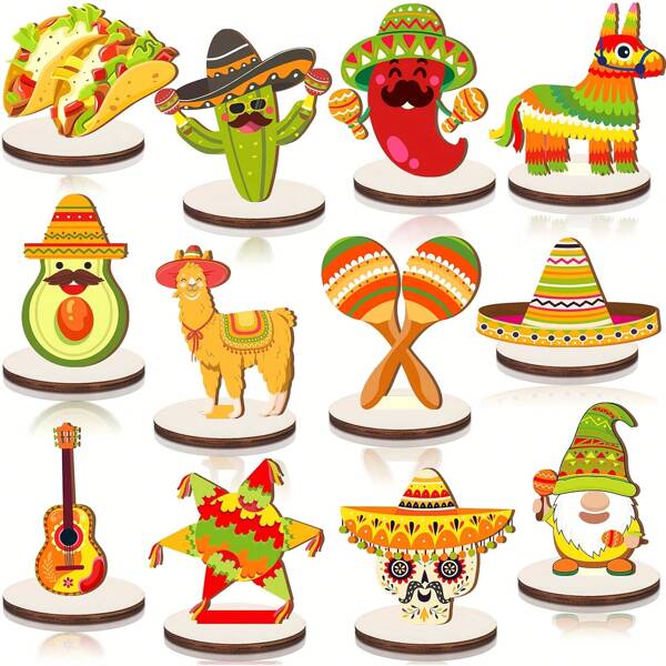 12pcs Wooden Carnival Mexican Tabletop Decor Center Pieces, Cinco De Mayo Party Table Decorations, Cinco De Mayo Dining Table, Holiday, Mexican Birthday Party Supplies