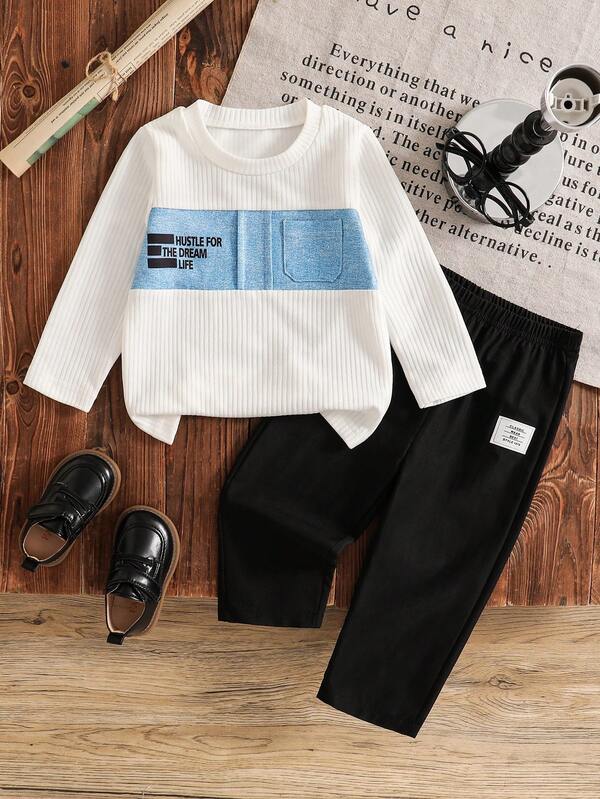 Conjunto de 2 peças de camiseta esportiva casual para meninos, com estampa de letras, gola redonda, manga comprida e calça de cor sólida, adequado para uso diário e férias