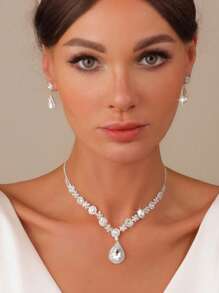 高级新娘皇冠头饰套装，镶嵌人造宝石，全新女王皇冠设计，新娘面纱镶嵌闪亮水钻耳环和项链配饰（多种款式可选）