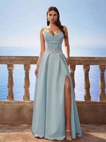 别致的圣诞巴洛克风格缎面吊带美人鱼长裙，法式伴娘礼服，返校节礼服，晚礼服，派对礼服 - 淺藍色 - 查看 6