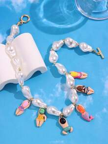 1 件彩色古怪男孩和女孩卡通吊坠不对称巴洛克珍珠项链，个性化可爱趣味珠宝，Y2K 风格女士配饰 - 彩色 - 查看 6