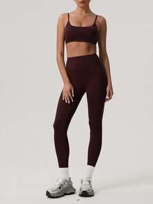 Sodalemon 女士纯色加厚运动文胸和瑜伽紧身裤两件套，简约设计，适合健身训练 - 酒紅色 - 查看 6