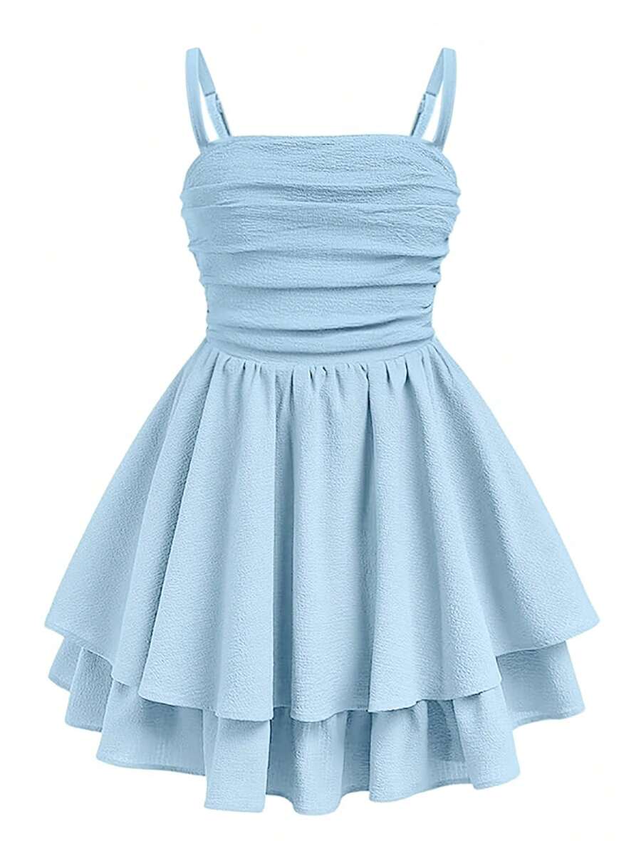 EXARUS Girls Flowy Ruffled Hem/Puff Bubble Dress Teen Ruched Summer Adjustable Spaghetti Strap Casual Cami Mini Dresses - 天藍色 - 查看 1