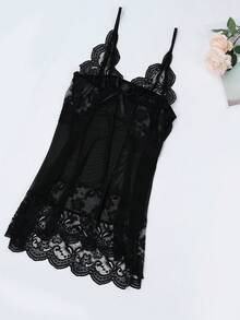 2pcs Women's Sexy Lingerie Set - European Lace Net Mesh Sleepwear & Robe Set, For Daily Loungewear & Intimate Teasing - màu đen - Xem 6