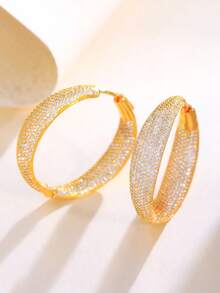 1 par de pendientes de aro grandes y gruesos con circonita cúbica microempotrada estilo Dubai, chapados en oro amarillo, joyería de circonita cúbica para mujeres, adecuada para novias, bodas, compromisos, banquetes, fiestas, damas de honor, regalo para la madre