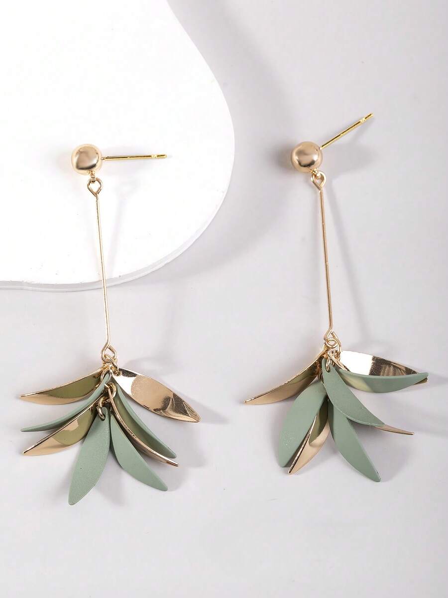 1 Pair Fashionable High-End Elegant Pink, Green, Black, Orange, Rose Red, Purple, Red, Ginger Yellow Colorful Dopamine Spray Paint Petal, Water Drop, Leaf, Tassel Long Earrings For Women, Delicate & Sweet, Suitable For Spring/Summer, Beach, Holiday Gift - Green - View 1