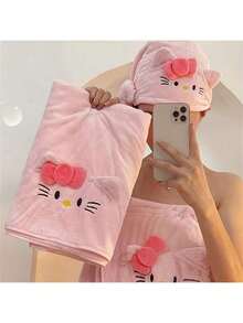 1/3件套Sanrio Kitty猫3件套浴巾套装 - 柔软珊瑚绒，包含干发帽和披肩巾，适合居家或宿舍使用。毛巾浴巾套装Hello Kitty浴室浴室浴室毛巾套装（浴巾、干发帽毛巾）