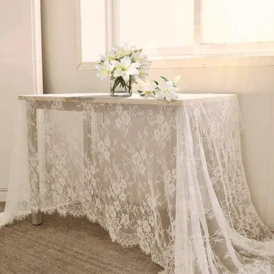White Lace Tablecloth Vintage Embroidered Reception Table Cloth Decor Party Valentine's Day Tablecloth Rustic Wedding Cover - 白色 - 查看 1