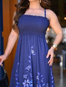 Women's Long Lastex Dress With Tie Straps - 藏蓝色 - 查看 6