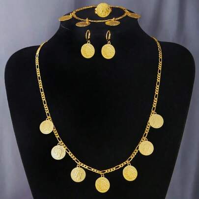 סט 5 יחידות סט תכשיטים אישי של מטבעות, תליון שרשרת עגילי טבעת צמיד מטבע זהב ואביזרים