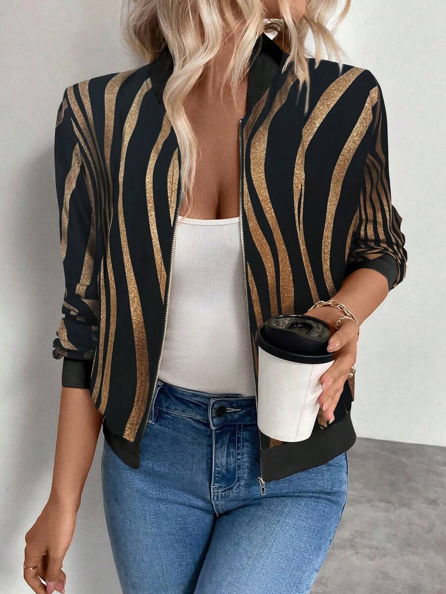 Keke Bloomly Veste de baseball zippée à manches longues décontractée pour femmes, Noël, blanc avec imprimé léopard kaki, cardigan mode coupe régulière - Multicolore - Voir 1