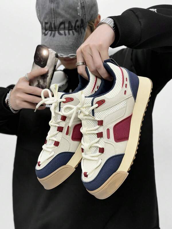 Men's Casual Gump Shoes, Student Party Outdoor Spring Summer Autumn Thick Sole Non-Slip Lace-Up Round Toe Running Shoes, Platform Sports Shoes, Breathable Canvas Shoes, Leather Shoes, All Season