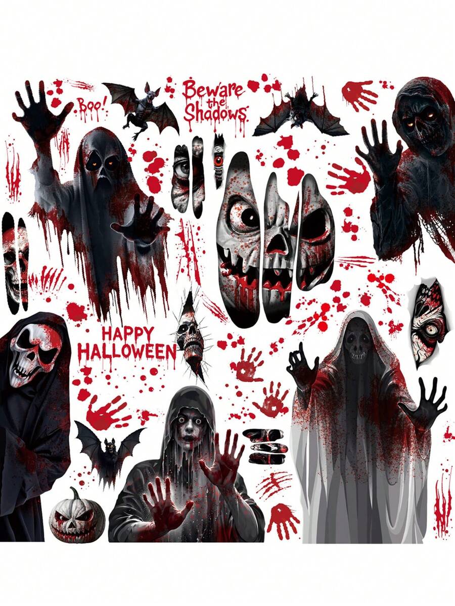 4 件套万圣节贴纸，适用于窗户、门、房间、家居装饰、节日庆典、场景氛围装饰、玻璃门、恐怖鬼屋装饰