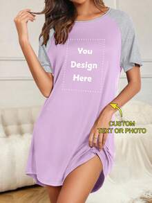 Custom Style Nightgown, Raglan Sleeve Nightgown, Comfortable Sleepwear E21 - Purple - View 3