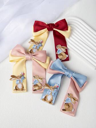 1/2/3pcs Satin Rabbit Bow Ribbon Hair Clips, Elegant Academic Style Hair Accessories, Suitable As Birthday Gift, All Season