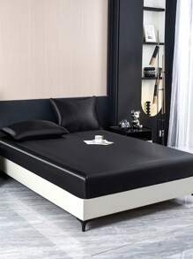 3pcs Solid Color Black Satin Fitted Sheet Set Simulation Silk Fitted Sheet Set With 1pc Fitted Sheet+2pcs Pillow Case Without Filler, Modern Soft Bedding Set For Household Sheet Deep Pocket Up To 13.8 Inch Satin Pillowcase, Soft Breathable Wrinkle-Free Better For Sleep, Luxury Hotel Style, Gift For Mom Dad Friend Domitory Bedding Back School Bedding