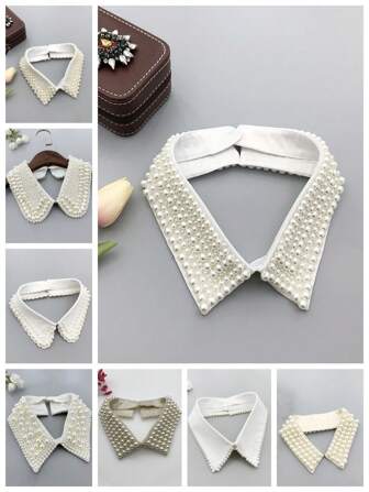 1pc Women's Beige & Black Handmade Pearl Embellished Detachable Collar, Versatile Wear For Stage Performance