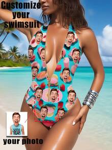 1pc Women's Customized Swimsuit, Face Customized, Women's Zipper Strap Backless Swimsuit, Women's High Waist Sleeveless Swimming Swimsuit, Sexy, Extremely Youthful, Suitable For Pool, Beach, Holiday, Girls Swimwear - Blue - View 1