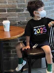 Boys Casual Printed Round Neck Short Sleeve T-Shirt Summer Student Young Kids Clothes - Cool English Letter T-Shirts Bring Joy And Happiness To Every Child! - 黑色 - 查看 2