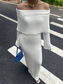 性感街頭風純色半透露肩長袖長版毛衣洋裝 白色女款夜店風 - 米色 - 查看 2