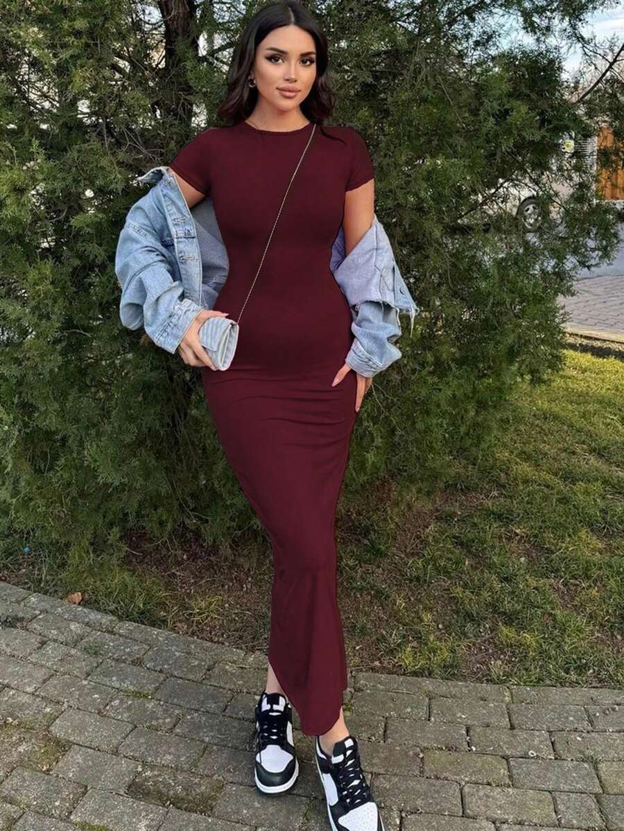 Letnia odzież damska, jednokolorowa seksowna sukienka z krótkim rękawem