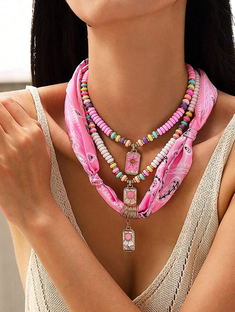 1/3pcs Set Funky Jewelry Luxurious Colorful Stone Beaded Sun Shaped Alloy Pendant Necklace, Versatile For Daily And Party Wear, Random Color Beads