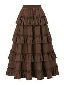 [High-Waist Ruffle Trim Skirt] High-Waist Ruffle Trim Skirt, Fashionable High-Low A-Line Drawstring Maxi Skirt, Pleated Ruffle Hem, Multi-Layer Design, Women's Casual Wear For Spring & Summer - Brown - View 2
