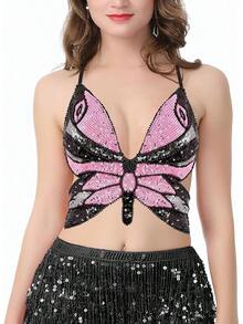 Woms Glitter Sequin Crop Top Low-Cut Top Rave Tube Vest Top Belly Dance Costume Outfits - Đen Hồng Bạc - Xem 2