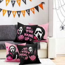 万圣节枕套，粉色“不，你挂了”恐怖鬼魂图案抱枕，农舍单面蓬松趣味万圣节装饰枕套，适用于室内外沙发装饰 - 彩色 - 查看 2