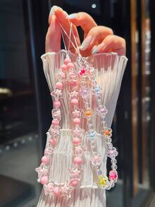 2 件粉色珍珠星和彩色花卉串珠手链，少女魅力钥匙扣适用于所有手机壳、耳塞支架、DIY 悬挂装饰、腕带、防丢失、韩式风格 - 粉色 - 查看 5