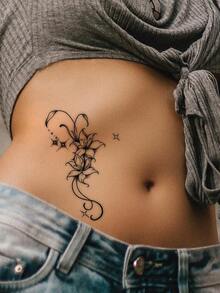 1pc Waterproof, Sweatproof, Washable Temporary Tattoo, Unique High-End Design Aesthetic, Dark-Themed Floral & Couple's Tattoo For Abdomen, Suitable For Users' Everyday Wear - Black - View 3