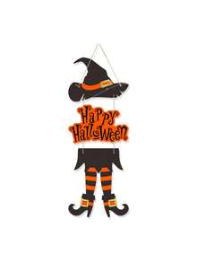 1pc Halloween Happy Sign Decoration Witch Legs Hat Hanging Wooden Wall Decor Version Rustic Front Door Hanger Fall Art Ornament For Home Room Indoor Outdoor Holiday Party - Multicolor - View 6